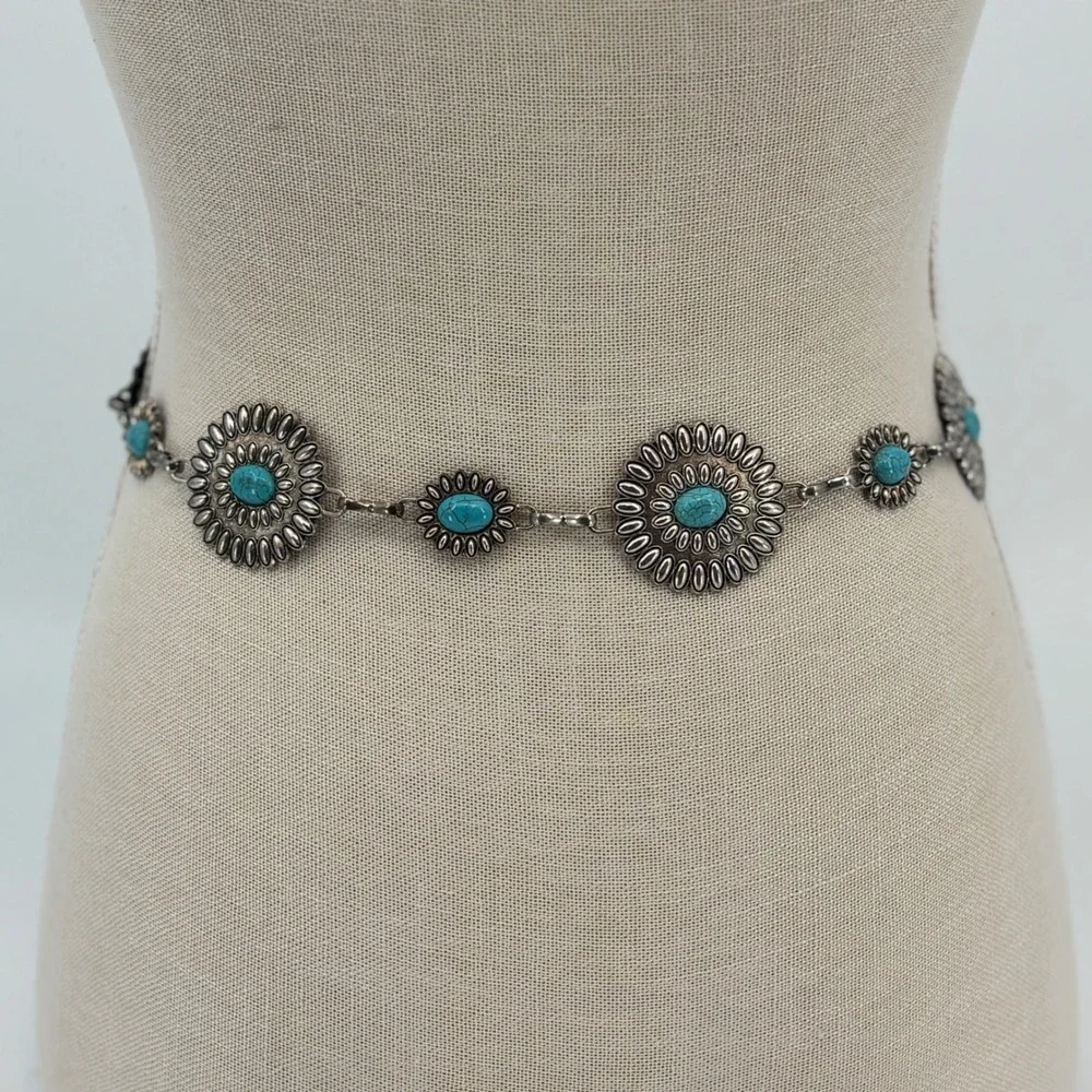 Austin West Concho Chain Belt Women S/M Silver Turquoise Boho Western New